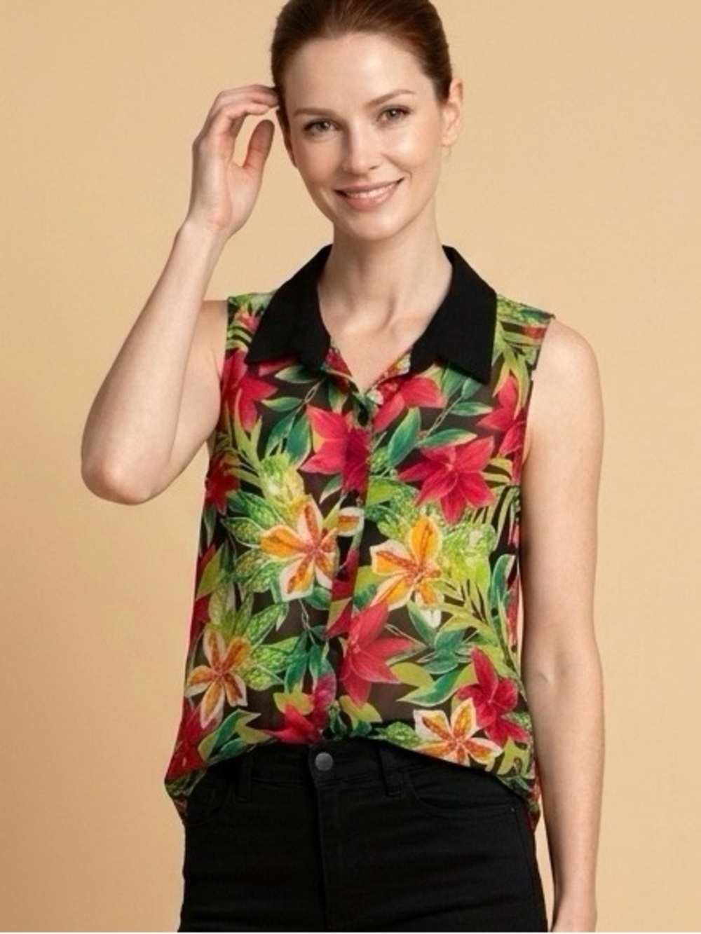 SIX DEGREES OF SEPARATION Sheer Tropical Print Top Size Large